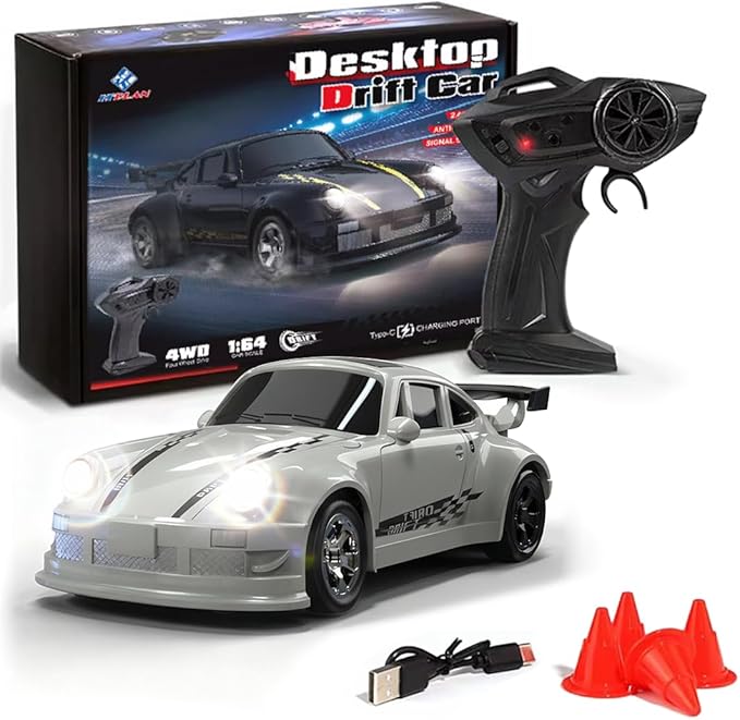 1/64 Scale 2.4G High Speed Drift RC Car Remote Control Drift 4WD Mini Lights System Desktop Drift Car for Adults (White)