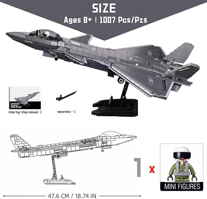 Chengdu J-20 Stealth Air Superiority Fighter Mighty Dragon Building Toy - Military Army Set with Display Stand Includes 1 Toy Soldier - 1:44 Scale 1007 PCS