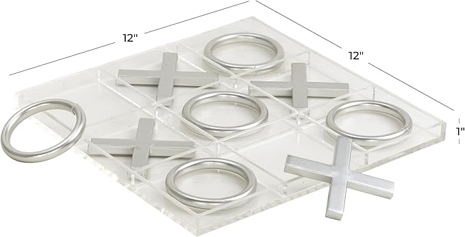 Deco 79 Acrylic Plastic Tic Tac Toe Game Set with Silver Pieces 12 x 12 x 1 Clear