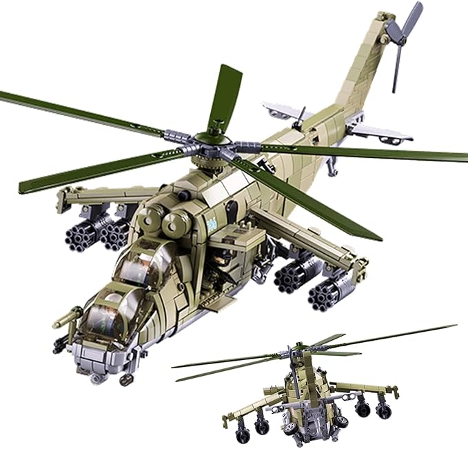 MI-24 Attack Helicopter Building Set - 893 PCS 1:30 Scale Military Gunship Model Battle Brick WW2 Army Toy Set with 3 Toy Soldiers