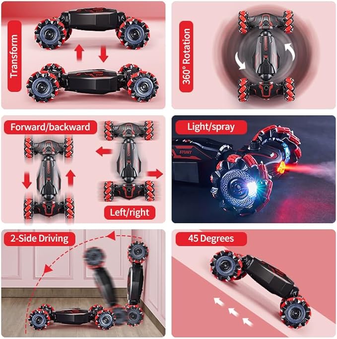 4WD Remote Control Gesture Sensor CarHand Controlled RC Stunt CarDouble-Sided Vehicle 360° Rotation with Light and Music Spray Watch Toy Cars for Boys &amp Girls Birthday