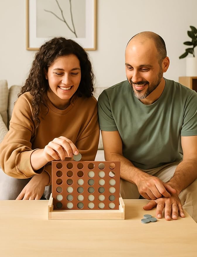Neutral Wooden Four in a Row Game Aesthetic Two Player Montessori Travel Board Game for Kids and Adults Perfect Coffee Table Decor and Housewarming Gift -White Elephant Gift (Neutral Blue)