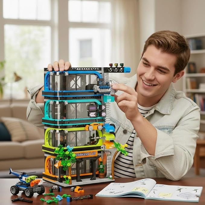 City Parking Tower Building Set for Adults 1144Pcs Vertical Garage Display Compatible with Lego City Mini Cars (6-Stud Wide) &amp 1:64 Die-Cast Models Architecture Building Kit for Collectors