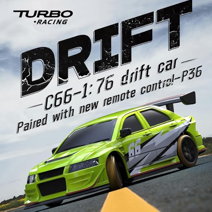 Turbo Racing 1:76 Scale RC Drift Car Table Racing 2.4GHZ Remote Control Mini Model Car with Gyro Full Proportional RTR for Adults Toys (C66-Green)