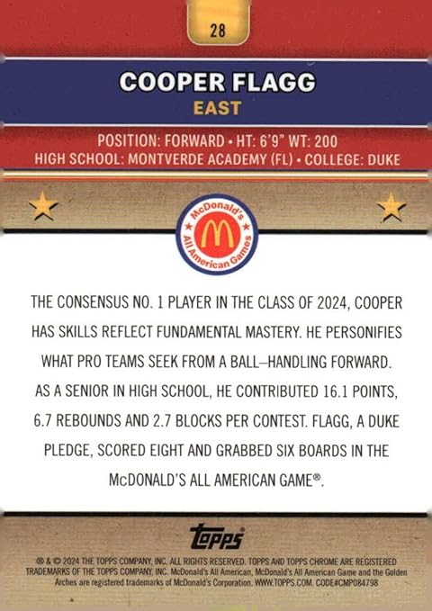 2024 Topps Chrome McDonald's All American #28 Cooper Flagg East Basketball Card - Sportscard Superstore