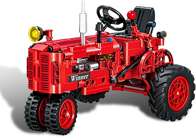 Classic Building Blocks 1/12 Red Tractor Farm Toy Building Set Gift for Kids Ages 6 7 8 9 10 11 12 Includes Shifting Structure Steering Structure Features (Classic Edition)