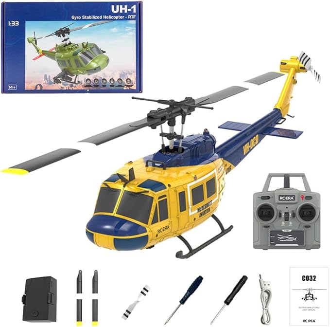 RC ERA C032 UH-1 Huey Helicopter - Remote Control Helicopters for Adult 1/48 Sacle 2.4G 6CH Gyro Stabilized Aircraft with Altitude Hold &amp Optical Flow3D Stunt Drone (Yellow)