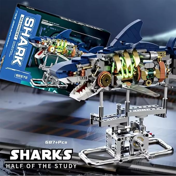 Mechanical Shark Building Set for Boys 12-20 with LED Light and Display Stand 687 PCS Rotatable Function Sea Animal STEM Toy Home Decor Gift Adults Teens Kids Boys Ages
