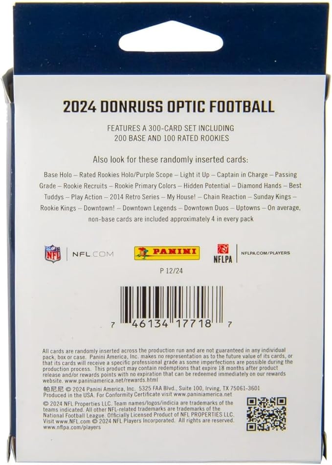 2024 Donruss Optic NFL Football Trading Cards Hanger Box – Purple Scope Parallel – 20 Cards Per Box – Includes Rated Rookie &amp Inserts