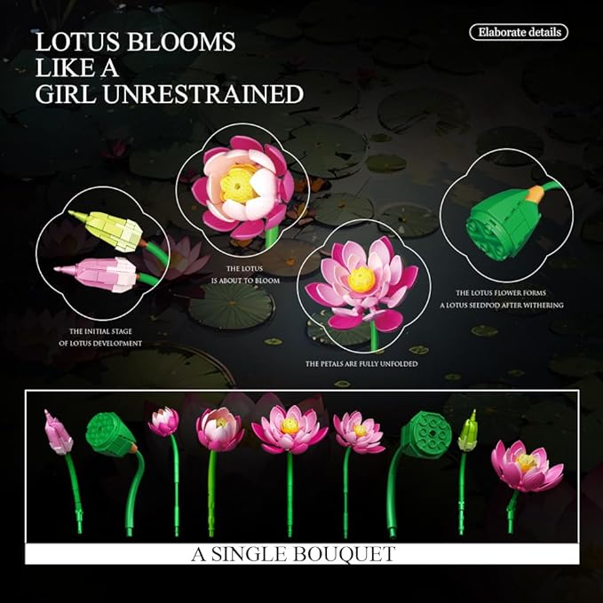 39092 Lotus Building Blocks Flower Set 710 Pieces of Floral and Plant Series Block Sets Adult Creative Enthusiast Model Gifts and Unique Collectibles Can be Used for Room Decoration