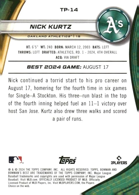 2024 Bowman's Best Top Prospects #TP-14 Nick Kurtz Oakland Rookie Baseball Card - Sportscard Superstore