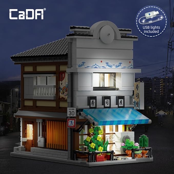 CaDA Master Japanese Sushi House Building Block Set C66018W Creative City Brick Kit with Lights1665PCS Street House Idea Gift for Adults