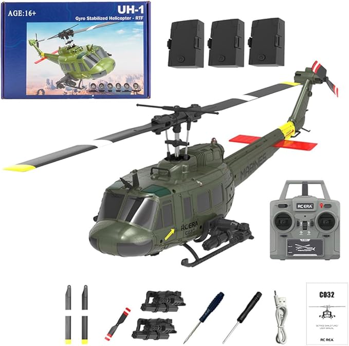 C032 UH-1 Huey RC Helicopter for Adults - 1/48 Scale 2.4G 6CH Flybarless Remote Control Helicopter Model 3D Stunt Flight &amp High-Precision RC Airplane (Green (3 Batteries))