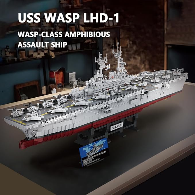 MISINI M7024 US Navy Warship Building Brick Set 1:300 Military Series Wasp-Class Amphibious Assault Ship 5220 Pieces Aircraft Carrier Collector's Toy Displayable MOC Adult Battleship Gift