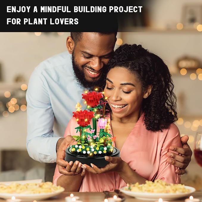 HOGOKIDS Flower Bouquet Building Set with LED Lighting - 596 PCS Red Rose Kits with Cover Botanical Building Blocks | Birthday Mini Bricks Easter Gifts for Kids Girls Teens Adults Home Decor Display