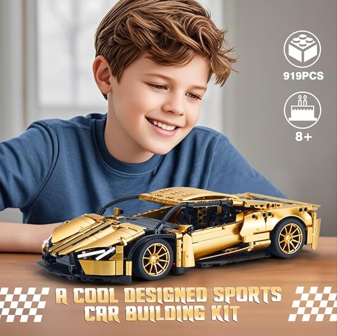 Sports Car Building Set for Adults - 1:14 MOC Toy Car Building Block Racing Car Model Kit Gifts for BoyfriendsBoys and Teens Age 8-14 (Gold)
