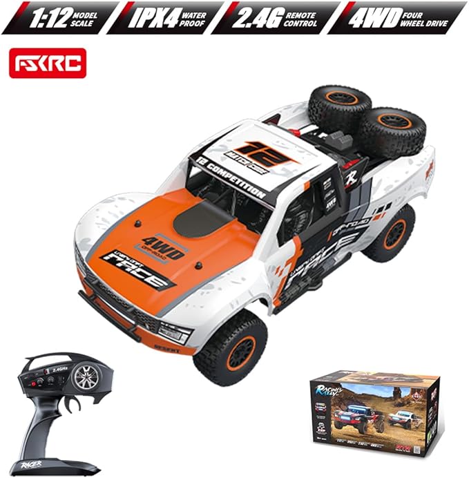 1/12 RD12 RC Drift Car 4WD Full-Proportional Brushed Racing Car with Gyroscope and 7-Color LED Lights Remote Control Truck Gift for Adults (Orange)
