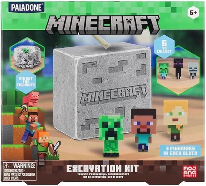 Paladone Minecraft Official Licensed Excavation Kit for Kids Gamer Decor and Gift for Boys and Girls 3 Iconic Gaming Characters Included Interactive Dig Toy