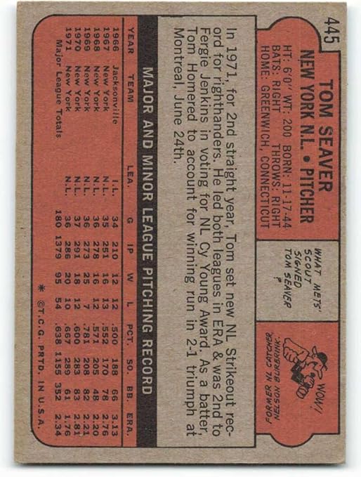 1972 Topps #445 Tom Seaver EX++ Excellent++ New York Mets Baseball Trading Card