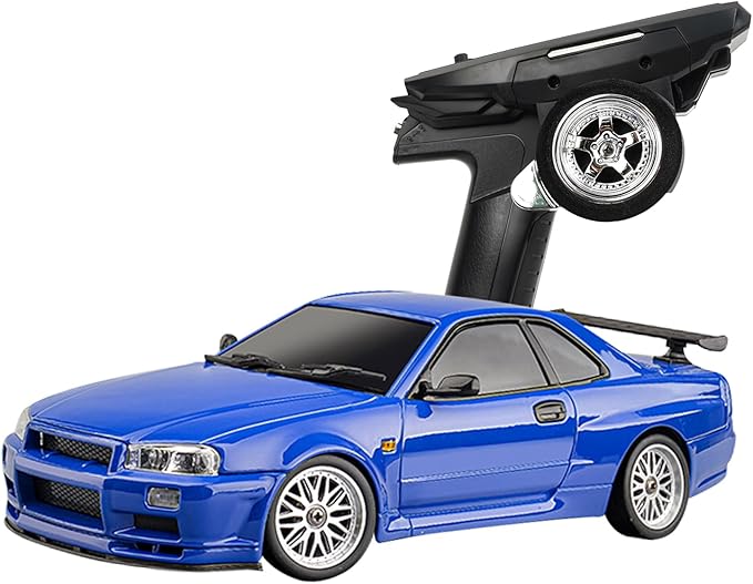 LD1899 1/18 Scale RC Drift Car GTR R34 2.4GHz RWD Mini Model Car with Gyro Alloy Body Shell Racing Cars for Adults Toys (Blue)