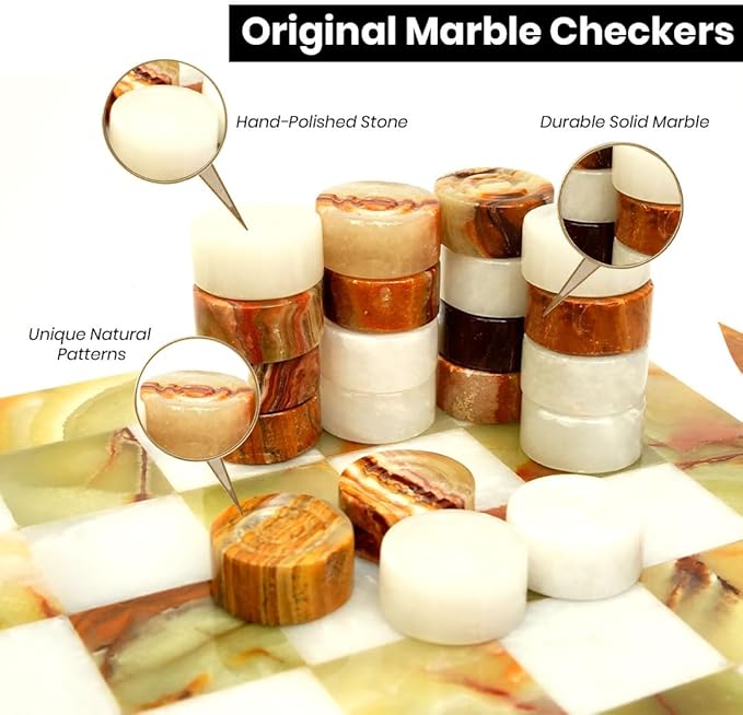Marble Chess Checker Pieces Set with Free Storage Box Collection (White Green)