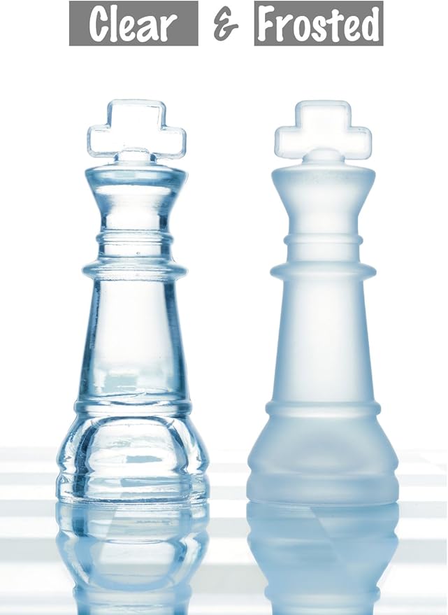 Gamie Premium Glass Chess Set 10 Inch - Elegant Design - Durable Build - 32 Frosted and Clear Pieces - Felted Bottoms - Easy to Carry - Stable &amp Fully Functional for Chess Lovers