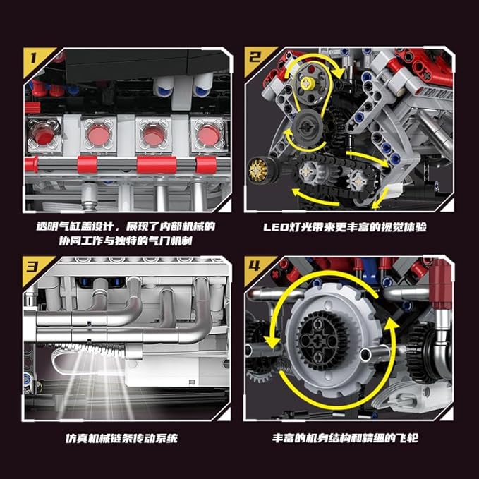 Mini V8 Engine Kits That Works Building Sets 8-Cylinder Model Technic with Motor APP Control &amp Light Mechanic Engineering Collection for Adults Boys 14 Years &amp Up