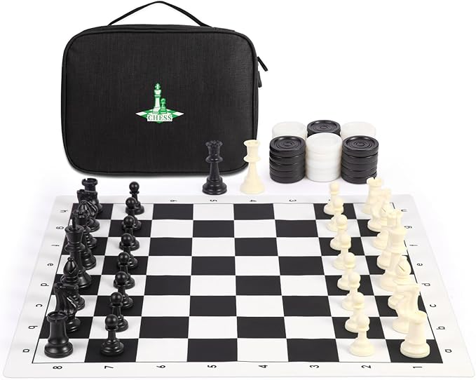 Travel Chess Set 20'' Silicone Chess Board-3.75'' King Height Plastic Piece Extra Queens &amp Storage Bag 2 in 1 Portable Chess &amp Checker Board Games for Teens and Adults