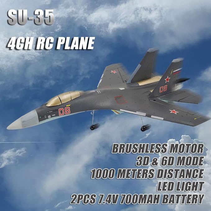 RC Airplane SU35 Jet 4CH Remote Control Plane RTF Tail Motor Aircraft 3D / 6G Stunt Function Fixed Wing Glider Brushless Motor Simulation Fighter for Adult Beginners 2 Batteries (Black)