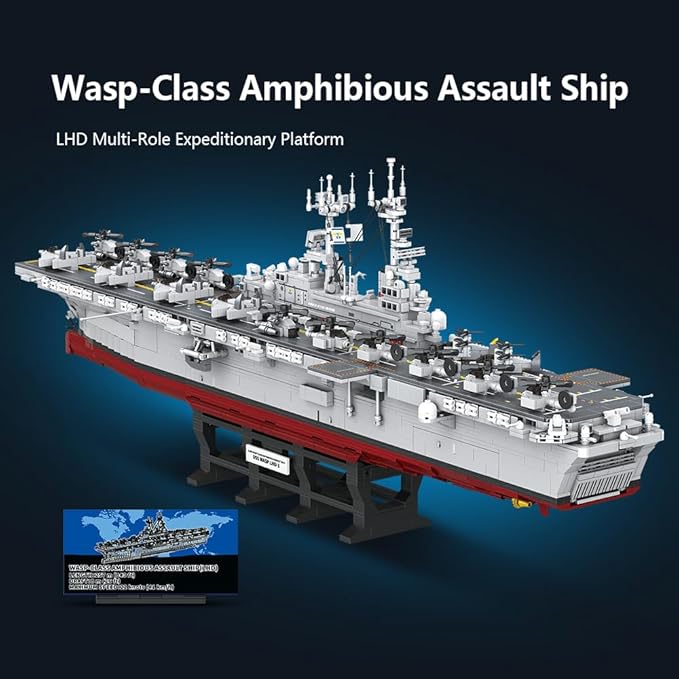 MISINI M7024 Wasp-Class Amphibious Assault Ship Building Kit1/300 Scale 5220 PCS US Navy Warship Model with Display Stand Large Ship Building Blocks Set for Adults &amp Teens