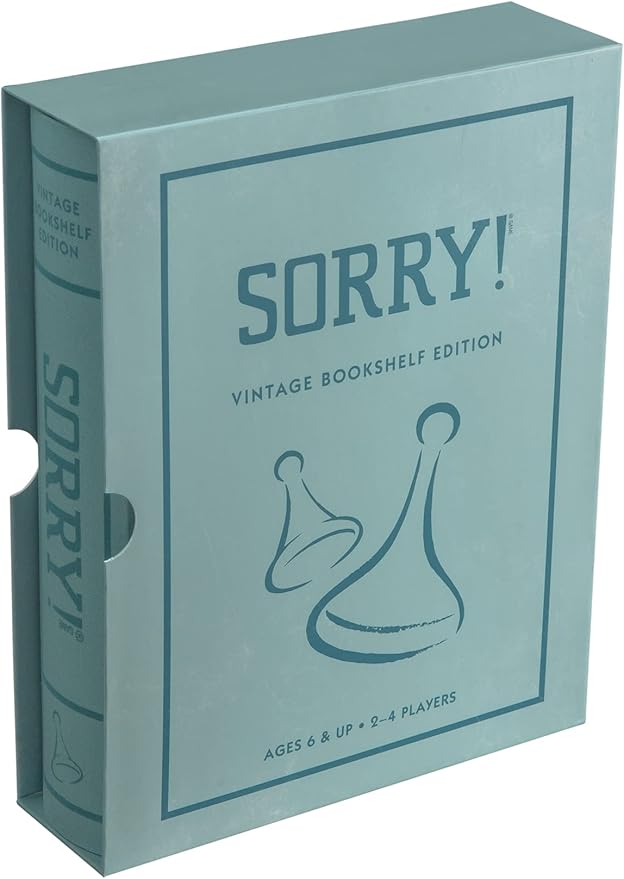Sorry! Vintage Bookshelf Edition by WS Game Company - Classic Sorry Board Games Retro 1958 Design - Linen-Wrapped Book Case Wooden Pawns &amp Full-Size Folding Board Ages 6+ Suitable for 2-4 Playe