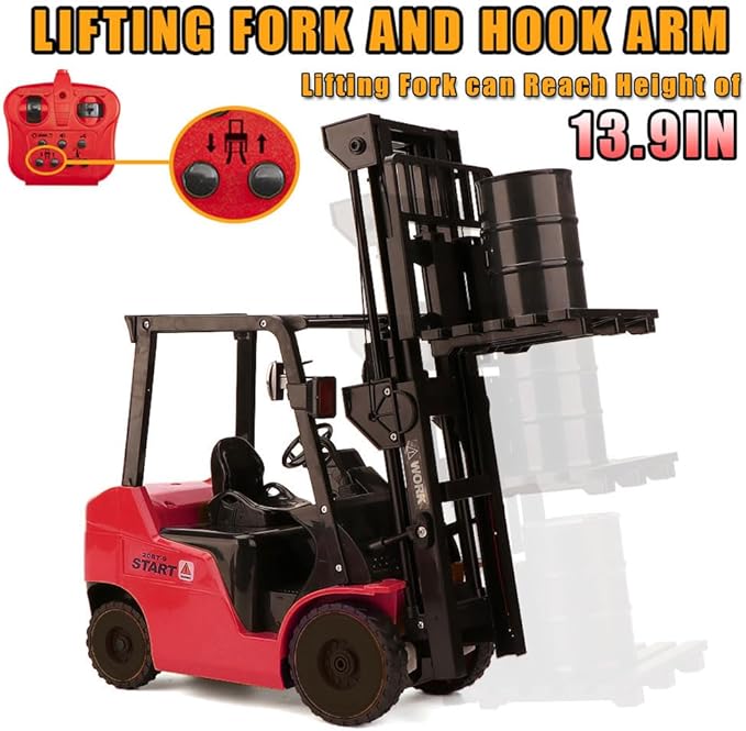 RC Forklift 11 Channel Red Remote Control Forklift 1/8 2.4G Fully Functional Construction Vehicle with Metal Carrier Slab with Lights Sound Warehouse Engineering Truck Heavy Equipment