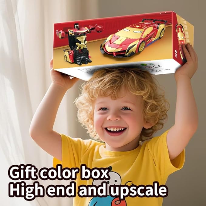 Transform RC Iron Man Cars Robot Toys with Underbody Lights 2.4GHz Hero Remote Control Car One-Button Deformation 360°Rotation Robot Car Toys Christmas Birthday Gifts for Kids Age 4 -12(1:18 Scale)