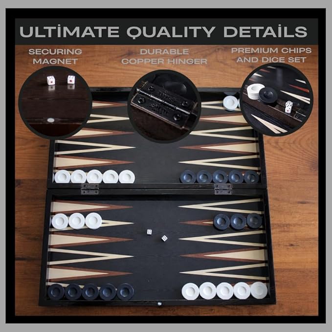 Park&ampOz Premium Turkish Backgammon and Checkers Set 19 Inch Handmade 2 in 1 Wooden Board Game with Glossy Finish Luxury Checkers and Dice Travel Friendly and Foldable (Dark Wenge)