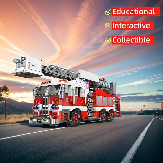 Light-Up Ladder Fire Truck Building Set – 720PCS STEM Toys for Kids &amp Adults City Firetruck Building Bricks with Flashing Lights Ideas Creative Gift for Birthday Christmas Compatible Building Br