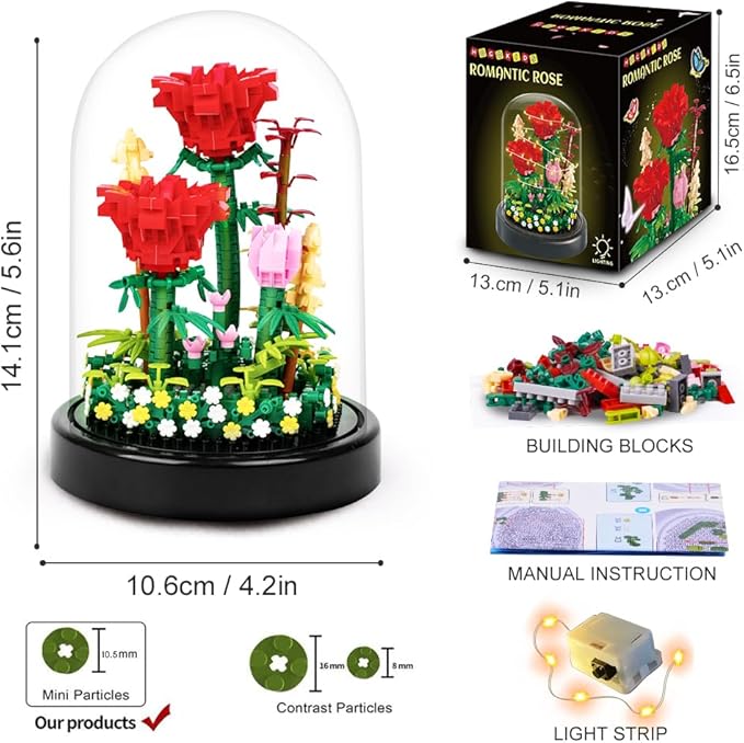 HOGOKIDS Flower Bouquet Building Set with LED Lighting - 596 PCS Red Rose Kits with Cover Botanical Building Blocks | Birthday Mini Bricks Easter Gifts for Kids Girls Teens Adults Home Decor Display