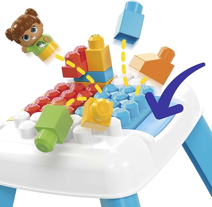 Mega Bloks Fisher-Price Toddler Blocks Toy Set Build ‘n Tumble Activity Table with 25 Pieces and Storage 1 Figure Blue Ages 1+ Years