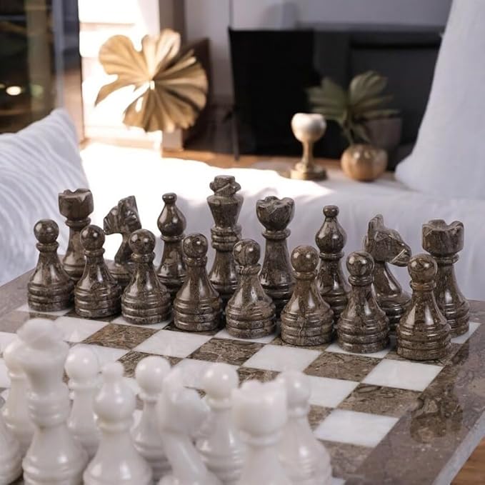 Large Handmade Full Chess Set Marble Chess Board 32 Chess Game Pieces Unique Home décor. Handcrafted Tournament Chess Board - 2 Players. (Grey White)
