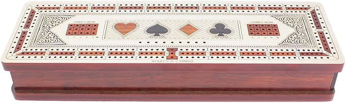 House of Cribbage - 3 Track Continuous Cribbage Board in Maple and Bloodwood - Inlaid Card Symbols (Suits) + Storage Drawer for Cribbage Pegs &amp Cards