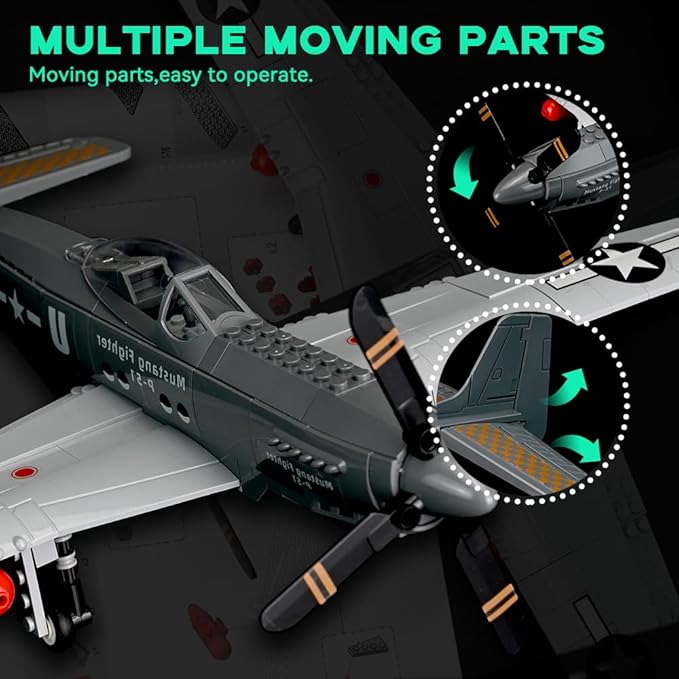 P-51 Mustang Fighter Airplane Military Building Set with Display Stand - 258 Piece Model Kit for Adults Collectors &amp Hobbyists