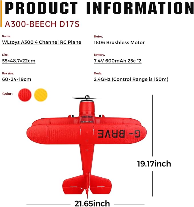 CKYSCHN WLtoys A300 4-Ch RC Plane Beechcraft D-17 RC Airplanes with Lights 6G/3D Brushless RC Planes with 2 Batteries 2.4G Remote Control RC Airplanes Gifts for Adults