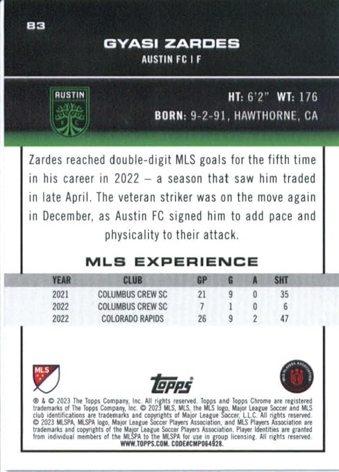 2023 Topps Chrome Major League Soccer - MLS - #83 Gyasi Zardes Austin FC Soccer Card - Sportscard Superstore