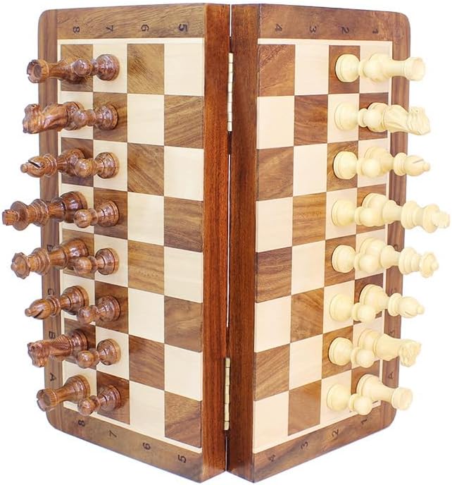 House of Chess - 10 Inch Wooden Magnetic Folding Travel Chess Set/Board with 2 Extra Knights 2 Extra Pawns 2 Extra Queens and Algebraic Notation - Handmade - Golden Rosewood
