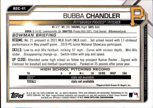 2021 Bowman Draft Chrome #BDC-41 Bubba Chandler Pittsburgh Pirates Baseball Card