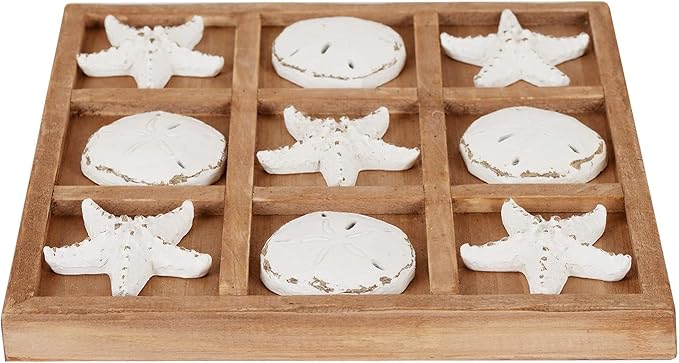 NIKKY HOME Beach Tic Tac Toe for Fun Starfish Sand Dollar Coastal House Coffee Table Decor Wood Board Travel Game 8.97 by 8.97-in Distressed White