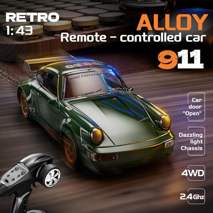 911 Series RC Drift Car 1:43 Scale Mini Model with Alloy Build – Door-Opening Function Gyro Auto Calibration LED Underglow for Hobbyists &amp Collectors（Orange）