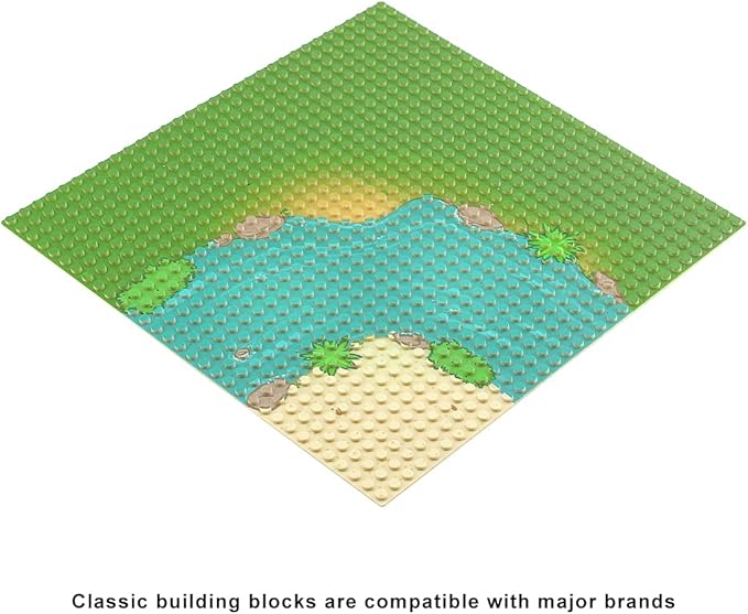 Feleph 4 Pieces Classic Baseplate with River and Grassland Pattern Base Plates for Building Blocks 10 x 10 Inches Mat Compatible with Major Brands