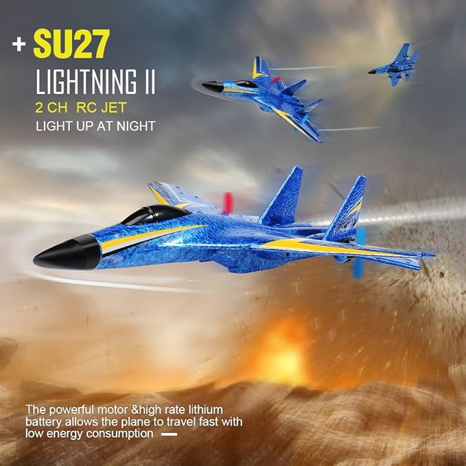 Fremego Su-27 RC Airplane2.4GHz 2 Channel Remote Control Plane with Gyro Night Lights and 2 Batteries Easy to Fly for Adults Beginners and Kids Toy