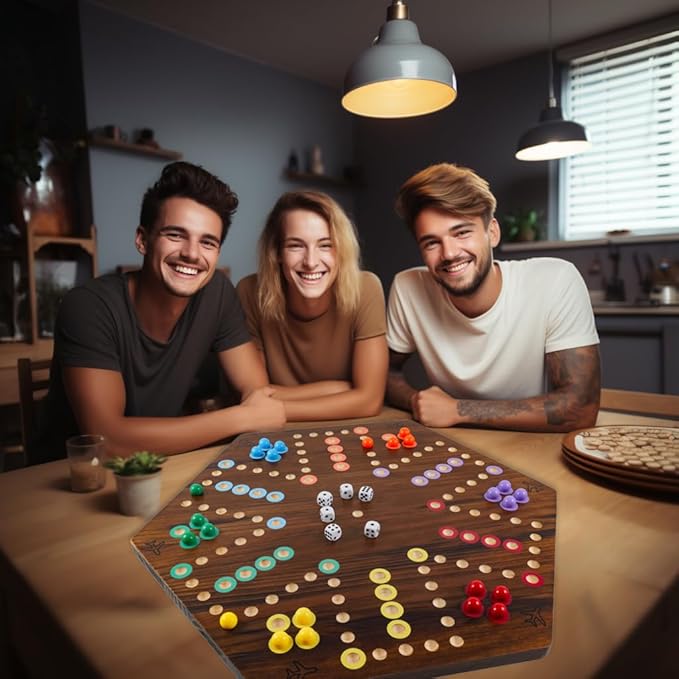 Extra Large Wahoo Board Game Wooden Original Board Game 2 Side Painted Fast Track Game for 4 Player and 6 Player with 30 Marbles6 Dices for Family Game Night (Brush Paint Burn Color)
