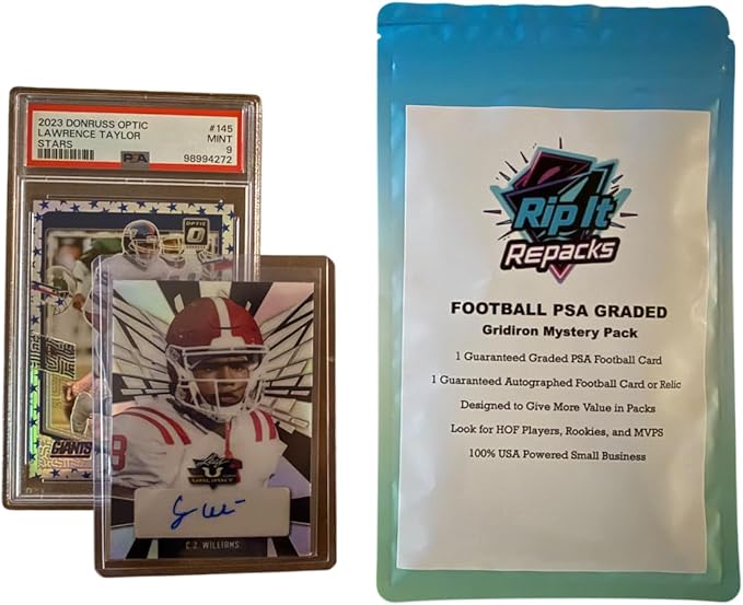 RIP IT REPACKS Football Card Mystery Pack with Guaranteed PSA Graded Card and Autograph or Relic Card